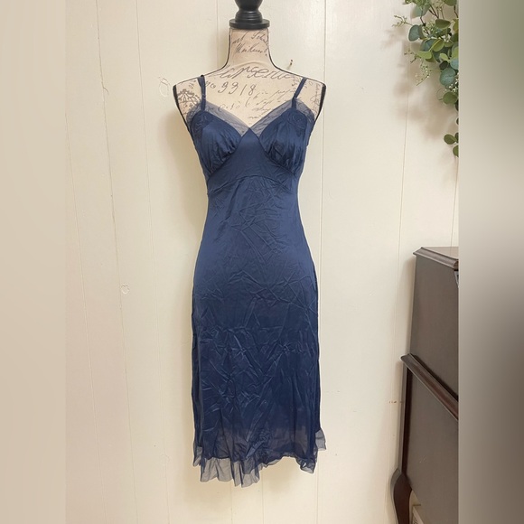 VTG romantic  Navy blue slip dress chemise neglige lingerie cottagecore - Picture 2 of 8